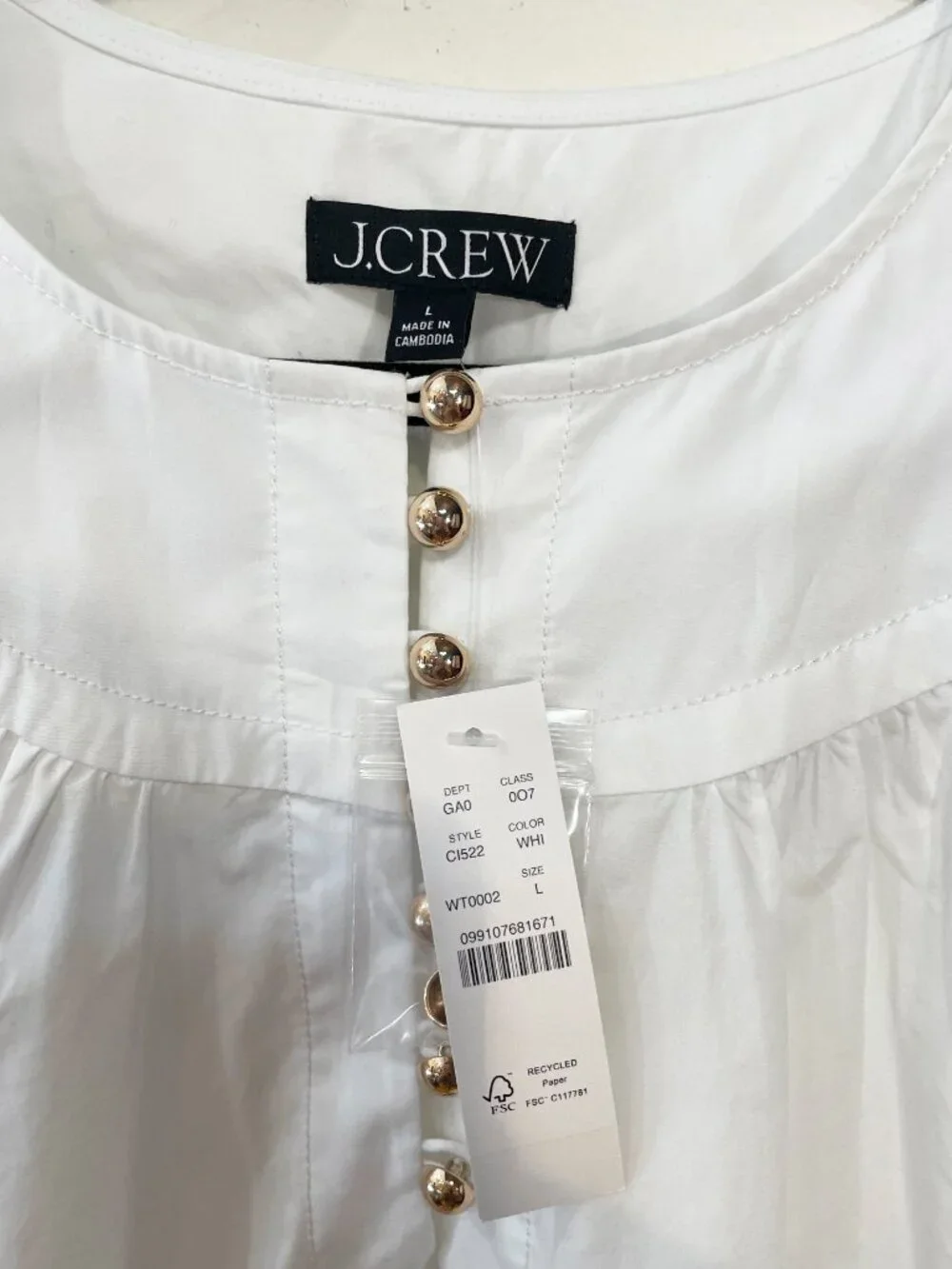 New J.Crew 100% Cotton Gold Button Shirred Popover Blouse White Large
